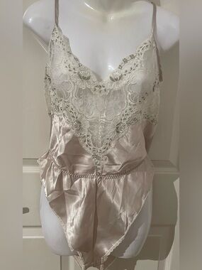 NWOT Silky Lace-Trim Nude Satin Romper Bodysuit